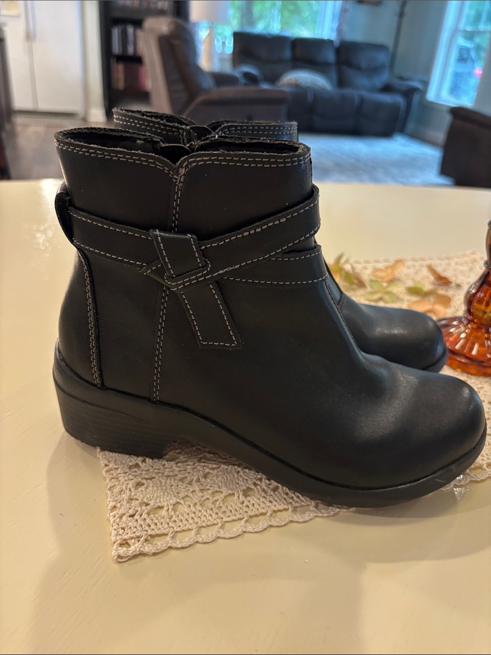 Clarks Black Leather Ankle Booties with Wrap Strap